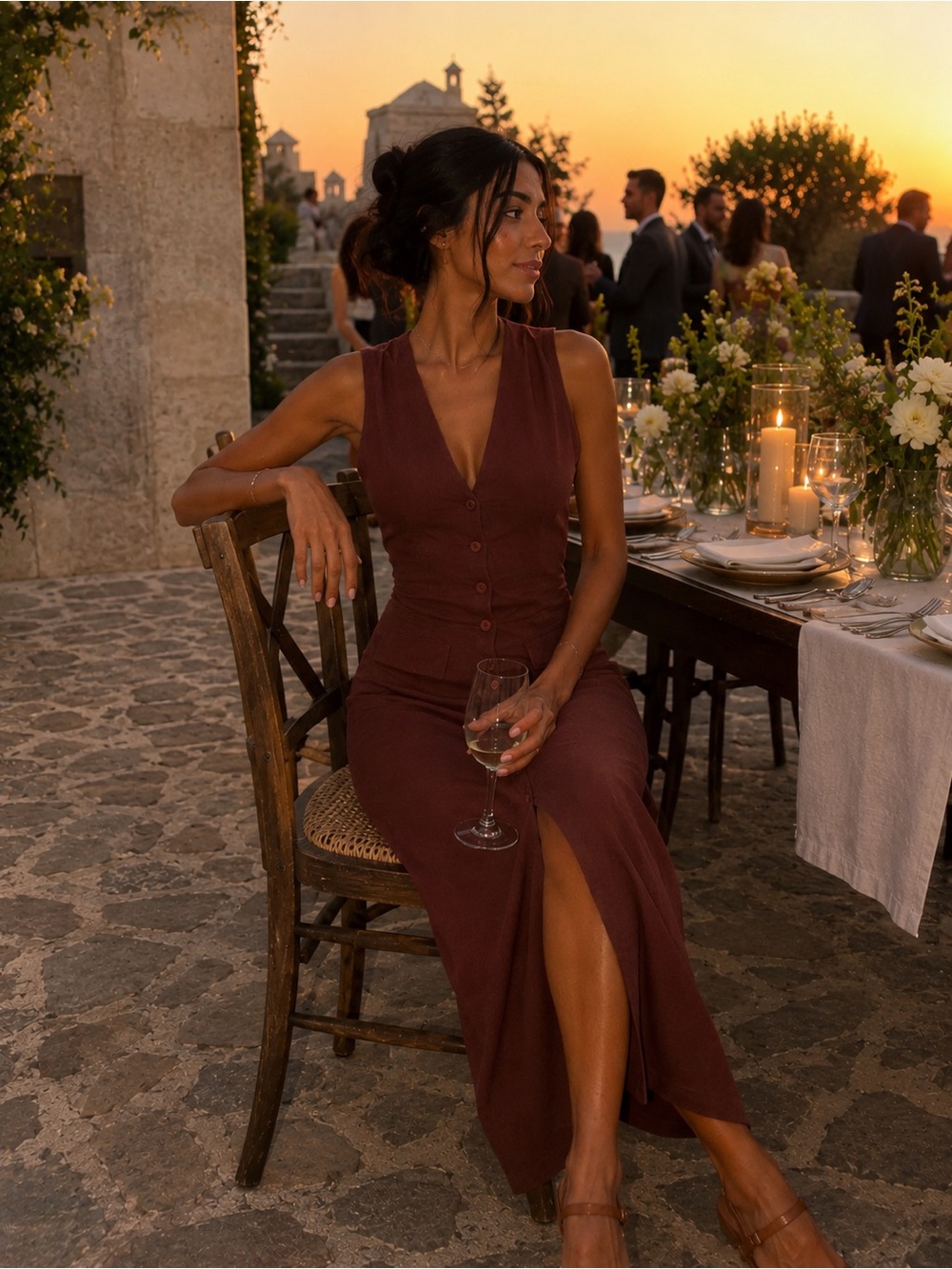 Vintage Sleeveless V-Neck Brown Button-Front Maxi Dress